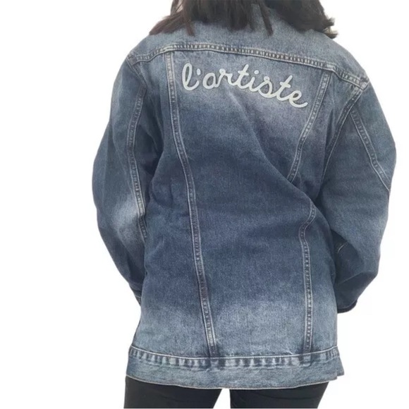 SANDRINE ROSE X FREE PEOPLE Denim Jacket Lartiste Blue Not Yours Embroidered NEW - Picture 1 of 11